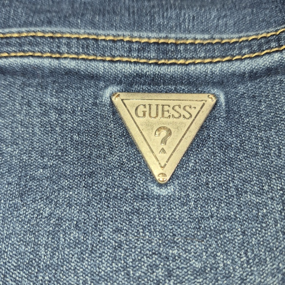 GUESS Denim Mini Skirt Large Blue Button Front Distressed Frayed Raw Hem Pockets - Picture 10 of 12